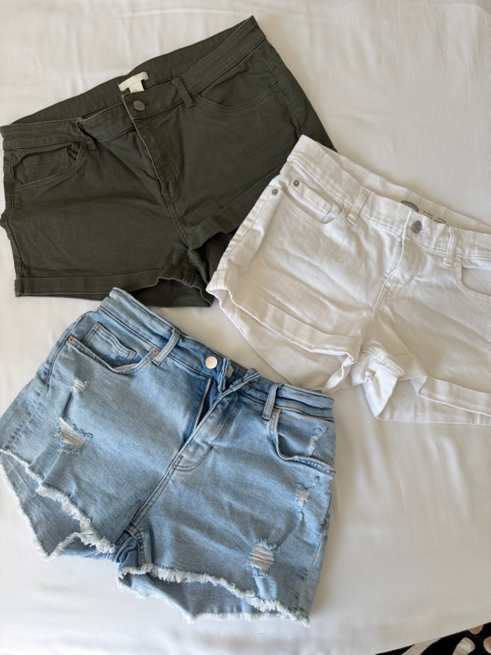 Set of 3 Denim and Cotton Shorts Set - Olive, White, Light Blue various sizes